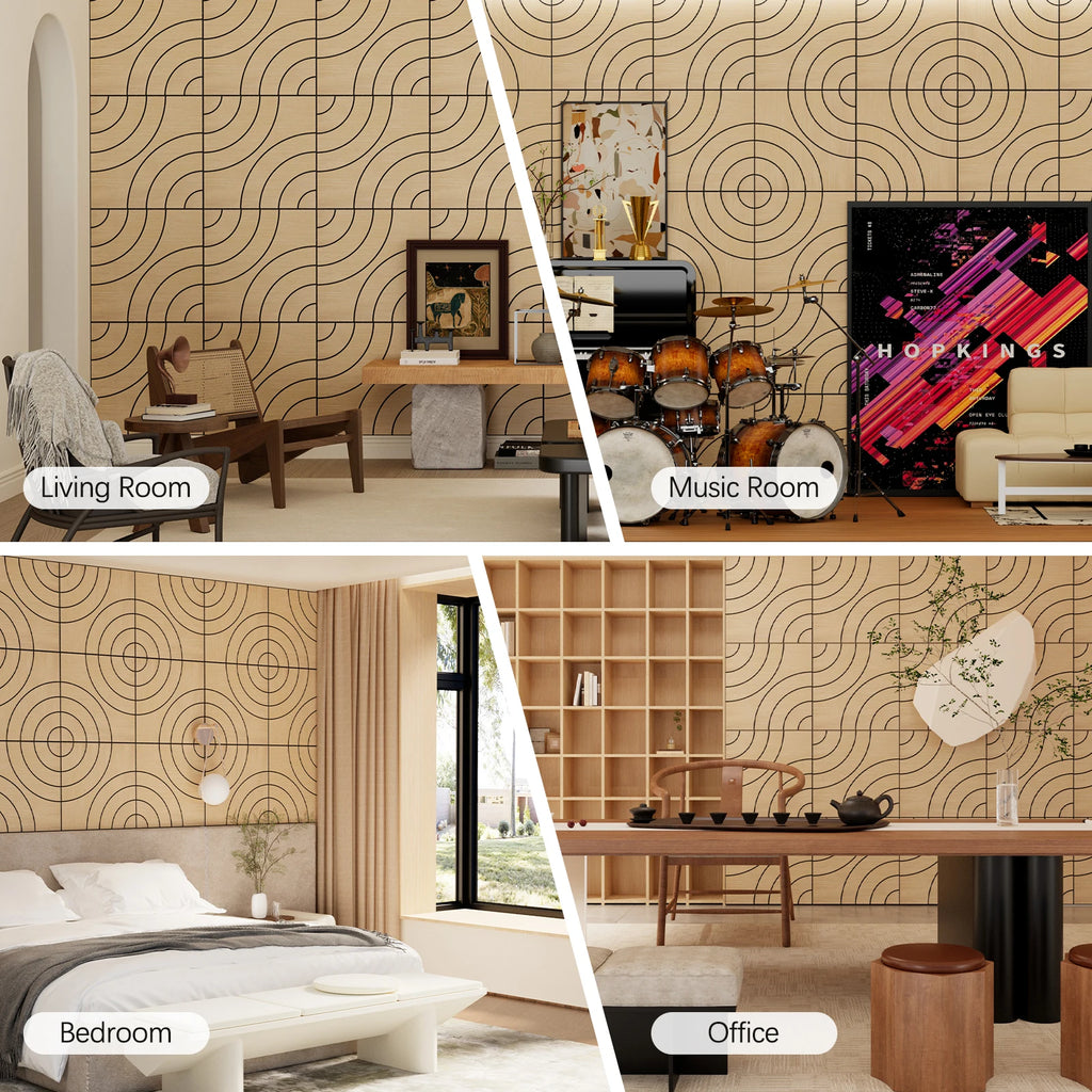 Acoustic Sound Absorbing 3D Wood Slat Self-Adhesive Peel and Stick Wall Panels Set of 4 for Interior Noise Reduction