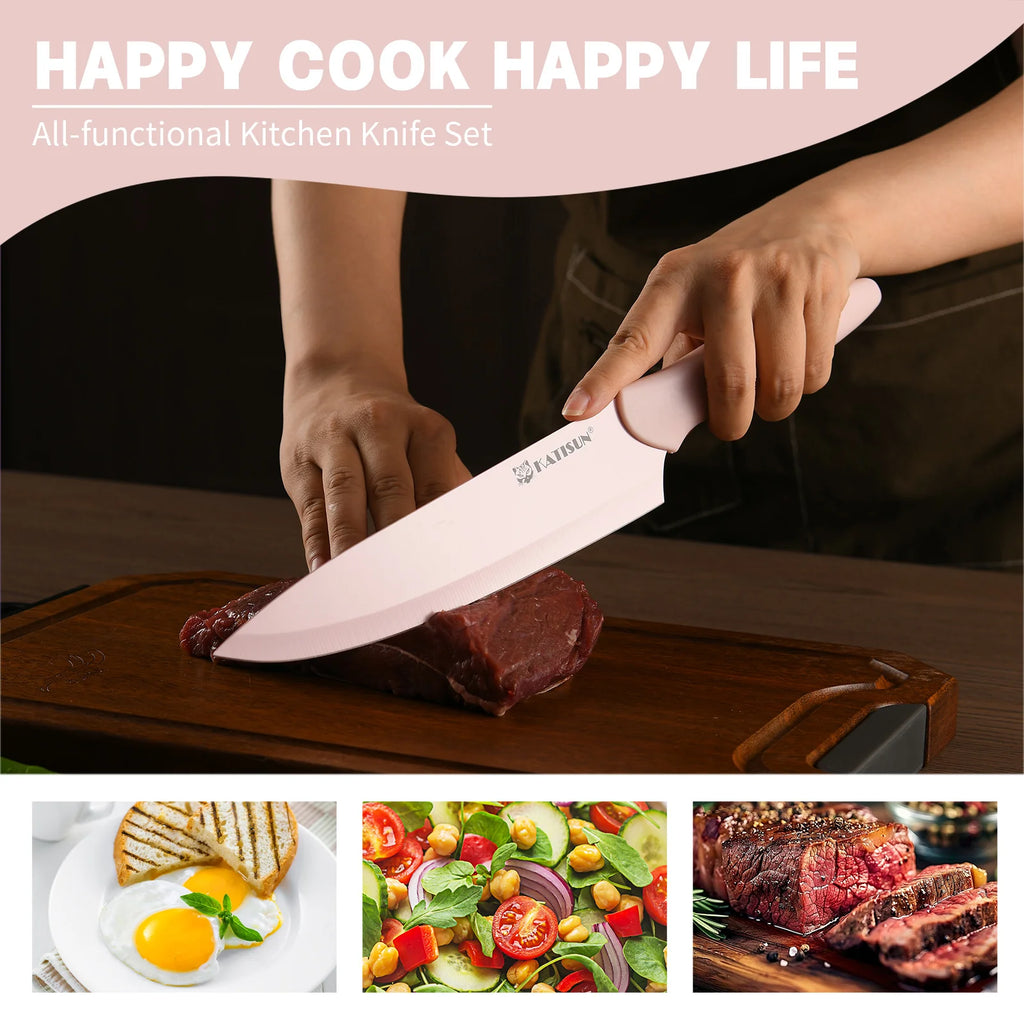 14 Pieces Pink Kitchen Knife Color Block Set, Titanium Coated Carbon Steel