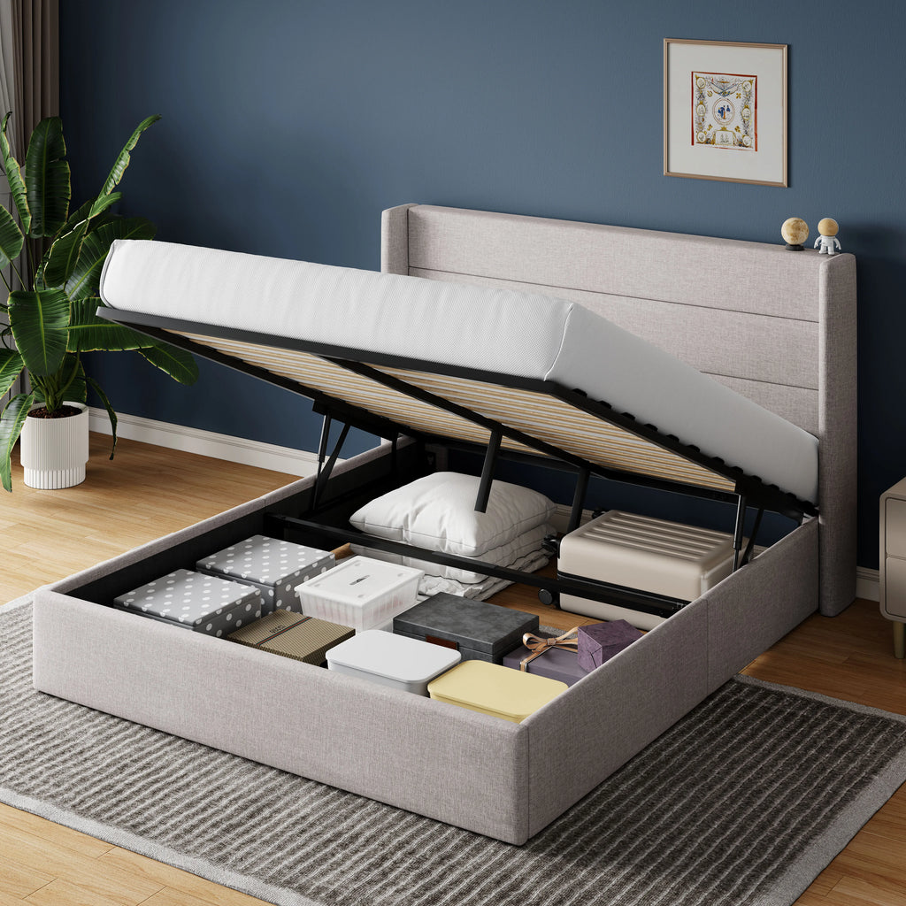 Lift Up Storage Bed with Wingback Headboard/Heavy-Duty Hydraulic Bed/Large Underneath Storage