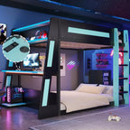 Full Wooden Gaming Bunk Bed with Desk Storage Shelves USB LED Light