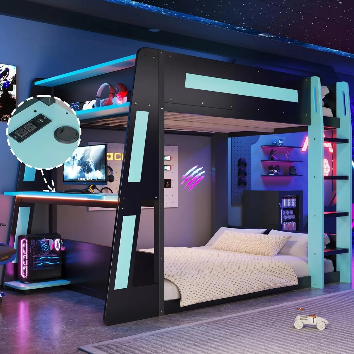 Full Wooden Gaming Bunk Bed with Desk Storage Shelves USB LED Light