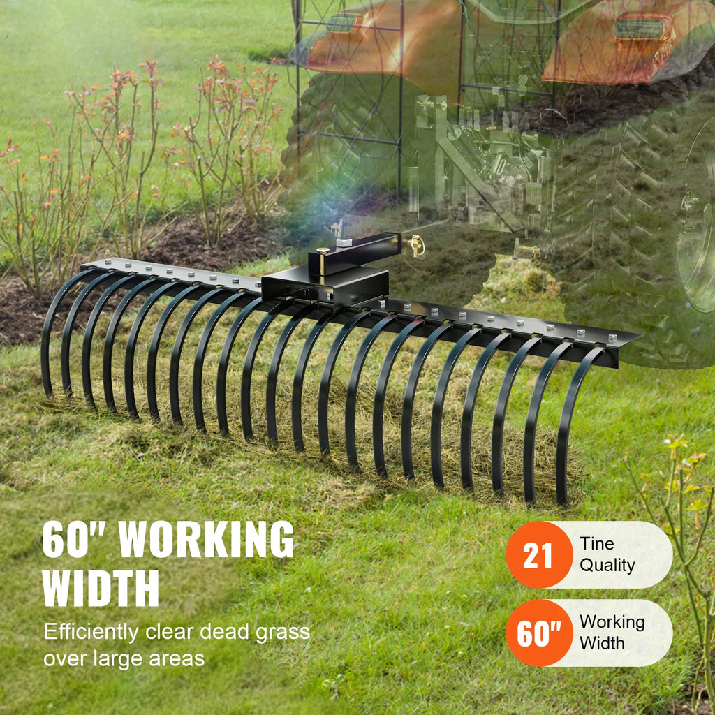 Tow Behind Landscape Rake 60"Tow Dethatcher with 21 Steel Coil Tines