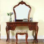 European Vintage Brown Makeup Table with 5 Drawers and Mirror, Fabric Upholstered Stool
