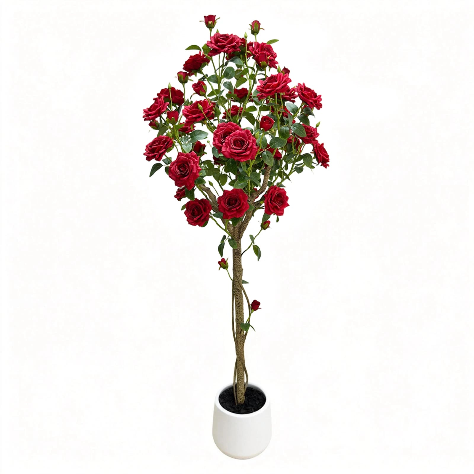 150cm Artificial Rose Tree, Realistic Silk Flower Plant with Plastic Trunk in Decorative Pot, for Indoor & Covered Outdoor Decor