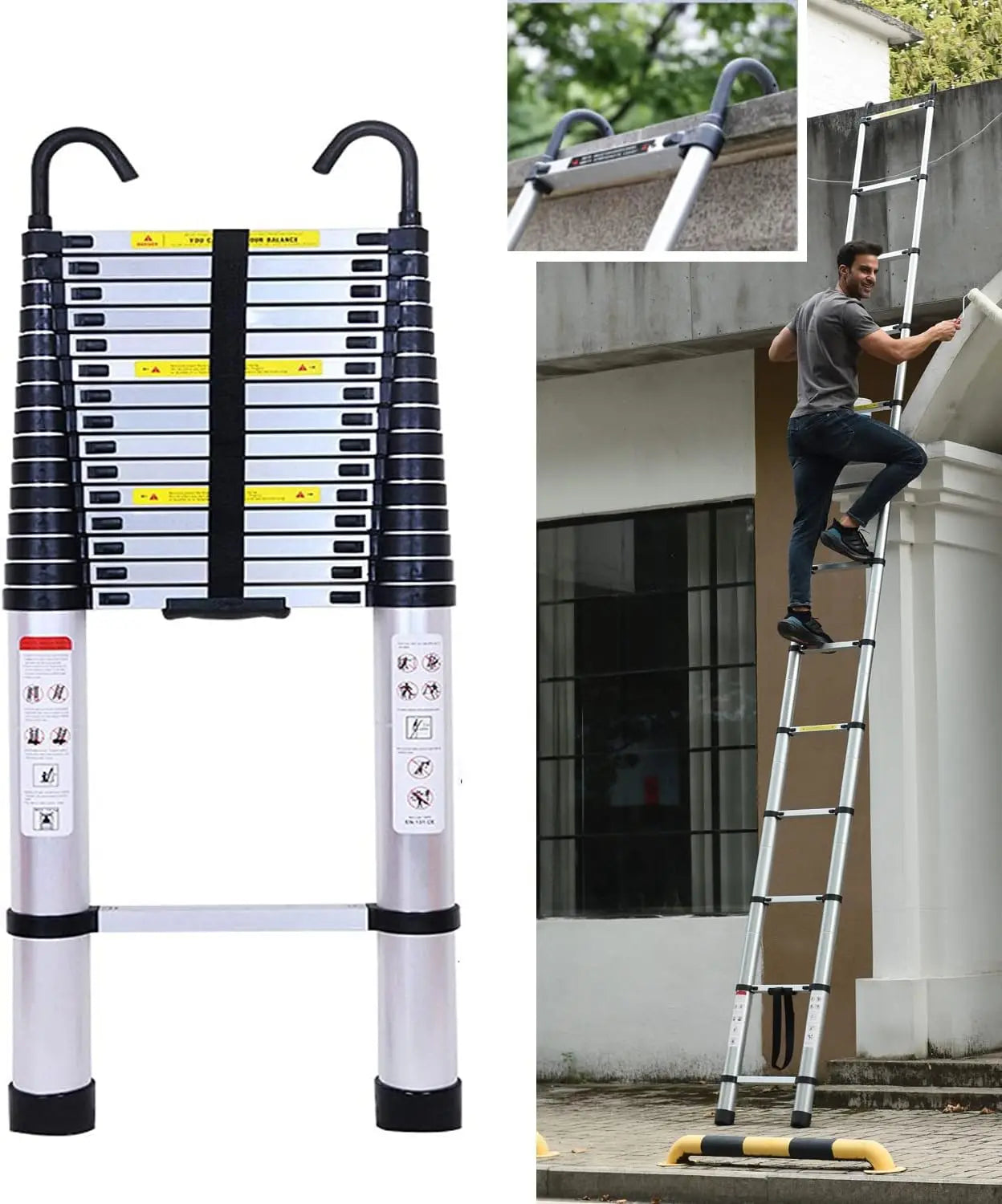 Telescopic Ladder 6.2m with Detachable Hooks & Extendable Steps,