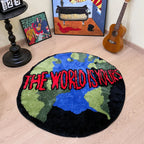 Trendy 'The World Is Yours' Globe Tufted Rug Round Fluffy Shaggy Carpet Black Blue Green Red Non-Slip Absorbent Bath Mat Living
