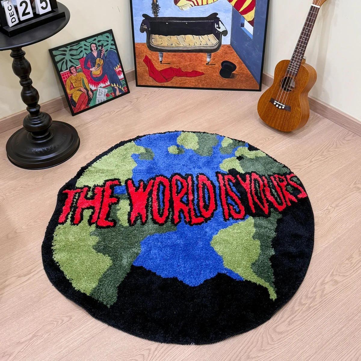 Trendy 'The World Is Yours' Globe Tufted Rug Round Fluffy Shaggy Carpet Black Blue Green Red Non-Slip Absorbent Bath Mat Living