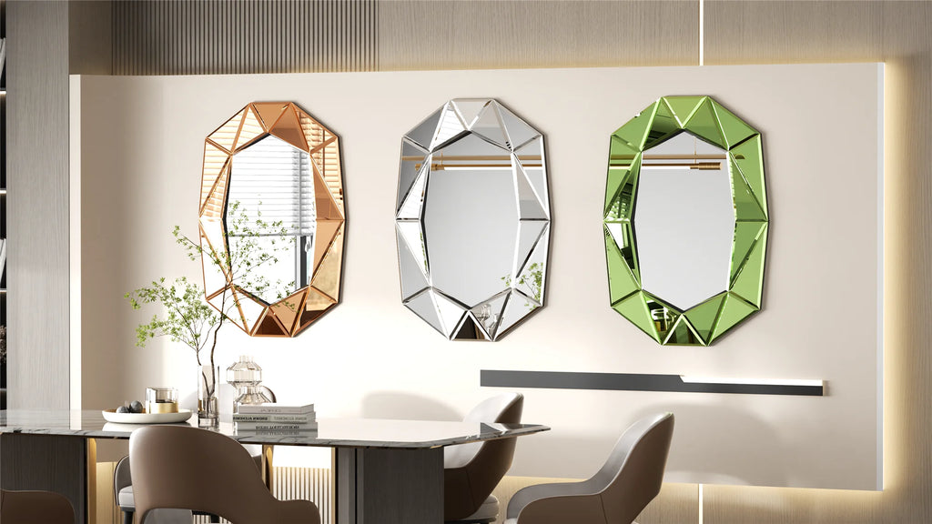 Stylish Irregular Silver Glass Wall Mirror with Beveled Diamond Edge Accents