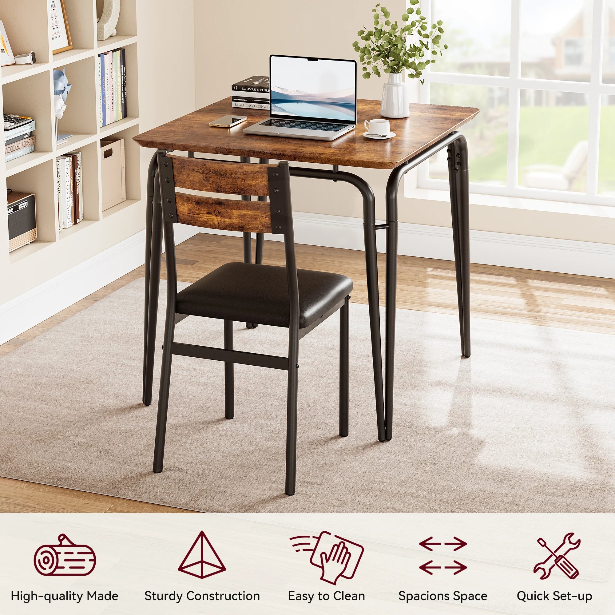 Dining Table Set for 2, Wooden Kitchen Table and 2 Upholstered Chairs,