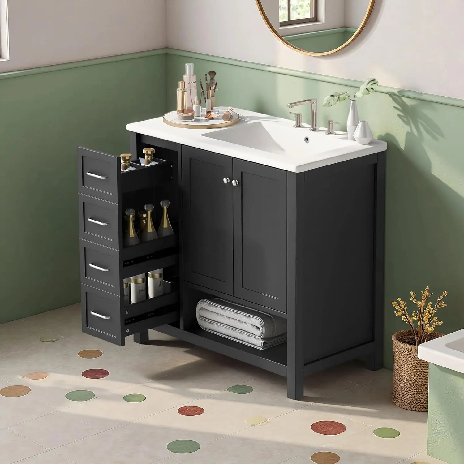 36" Modern Vanity with Ceramic Sink, Soft-Close Drawers & Door,