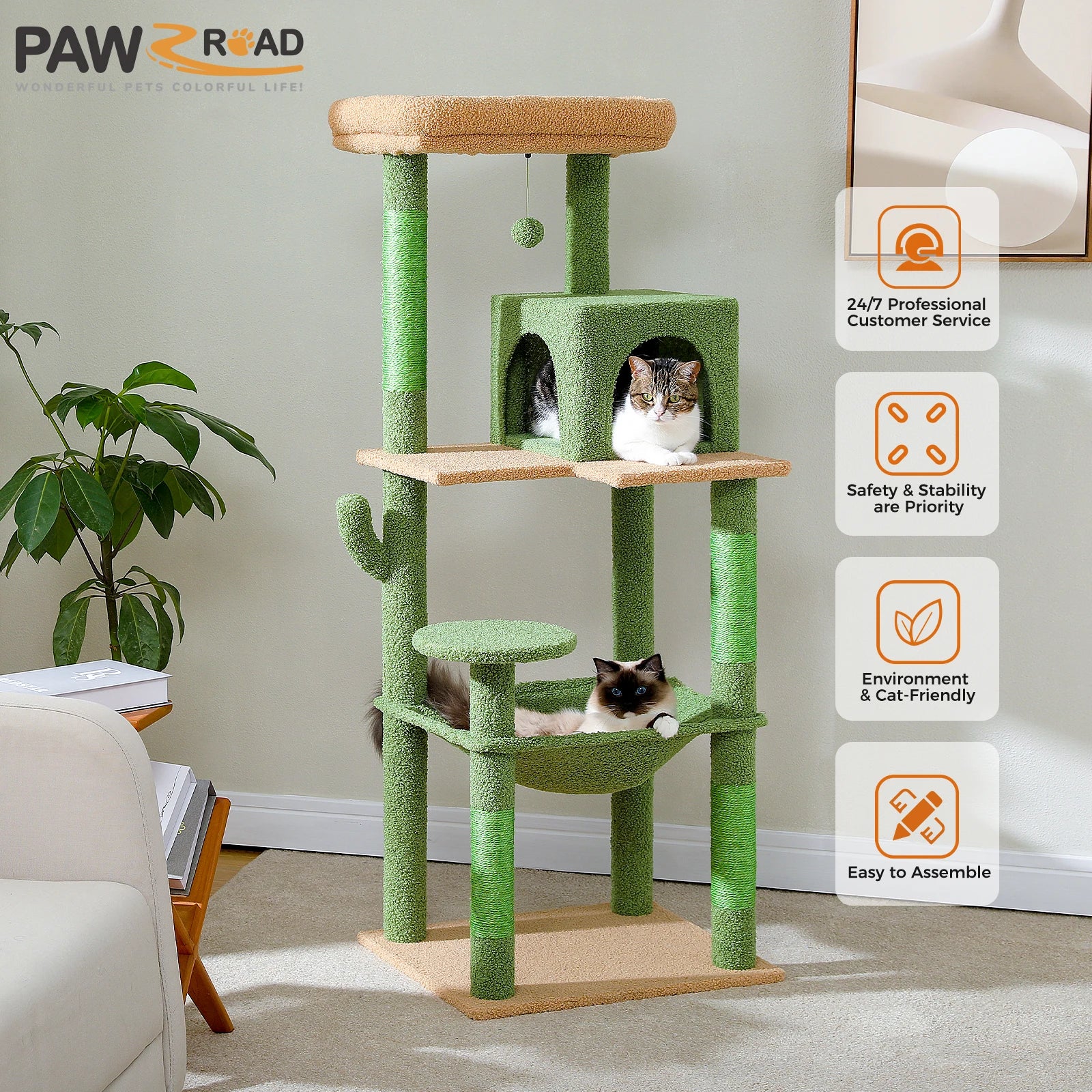 Cactus Cat Tree Tower with Plush Hammock