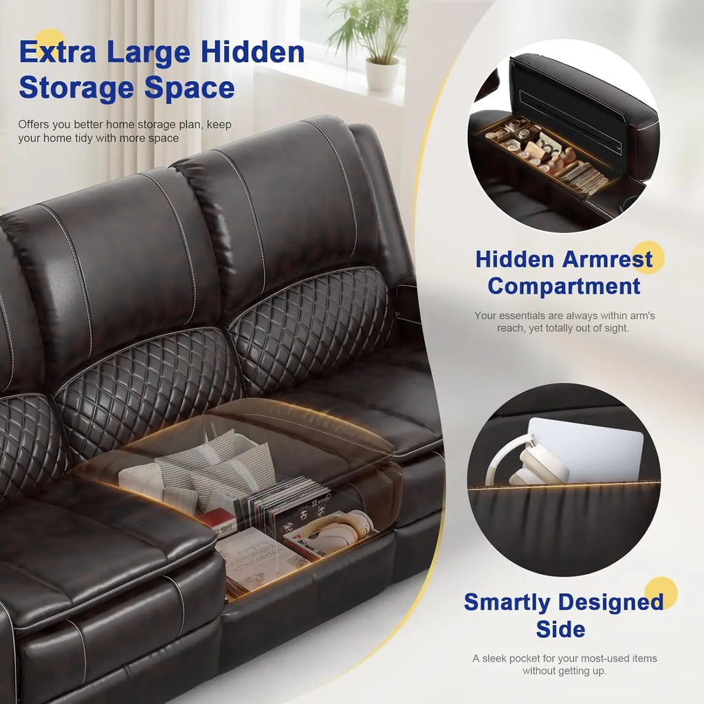 3 Seat Recliner Sofa with Console, Armrest, PU Leather, Cup Holders, USB Ports,