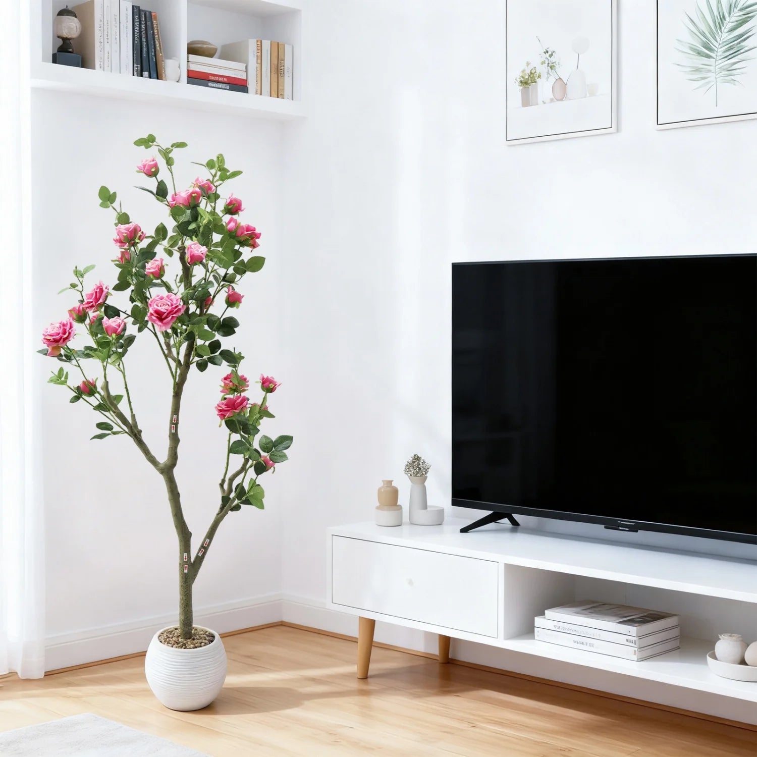 Artificial Rose Flower Tree-5FT Lifelike Plant in Pot with Flowers Decorative Rose Trees for Home,Office, Wedding, Event Decor