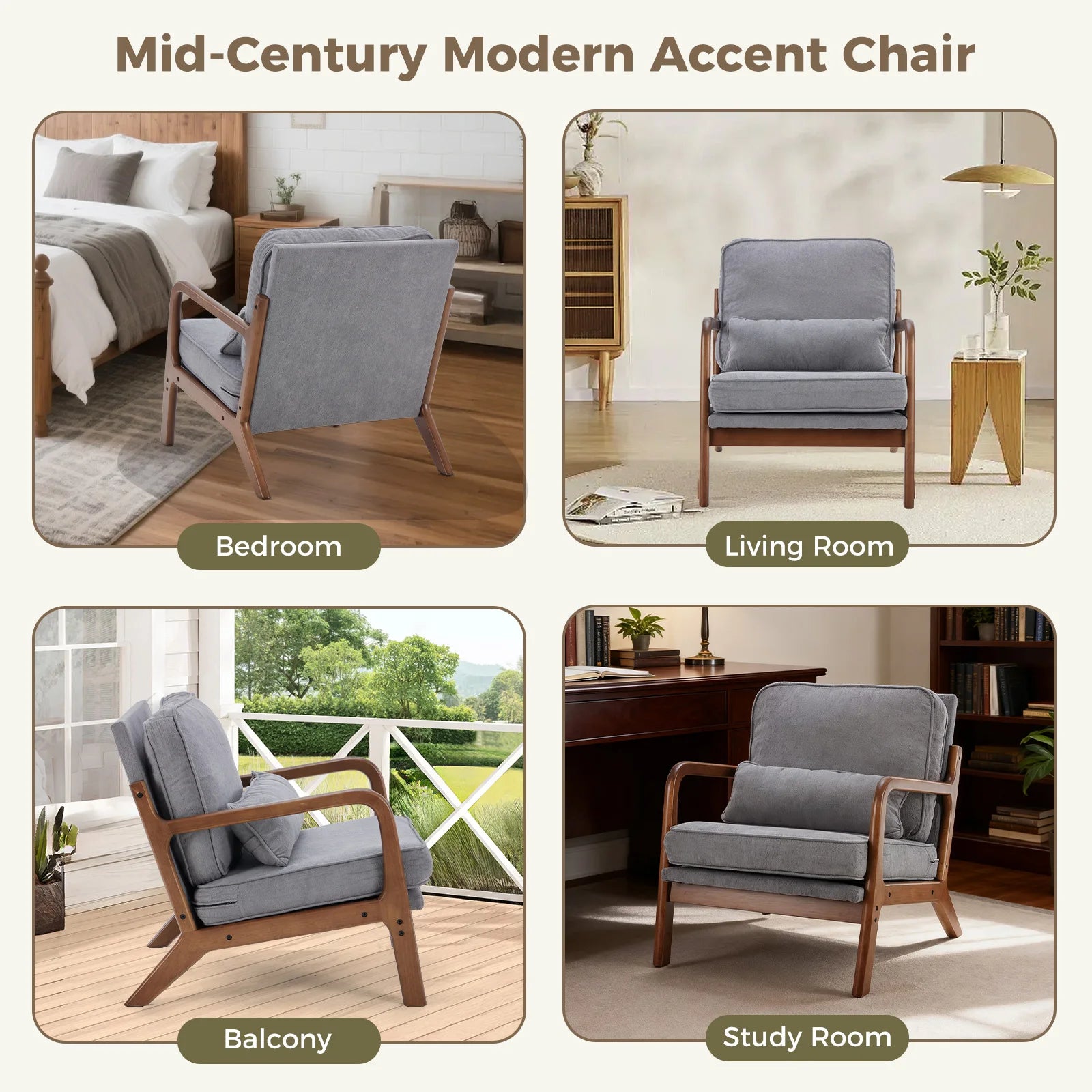 Mid Century Modern Chair Solid Wooden Frame Accent Chair with Arms