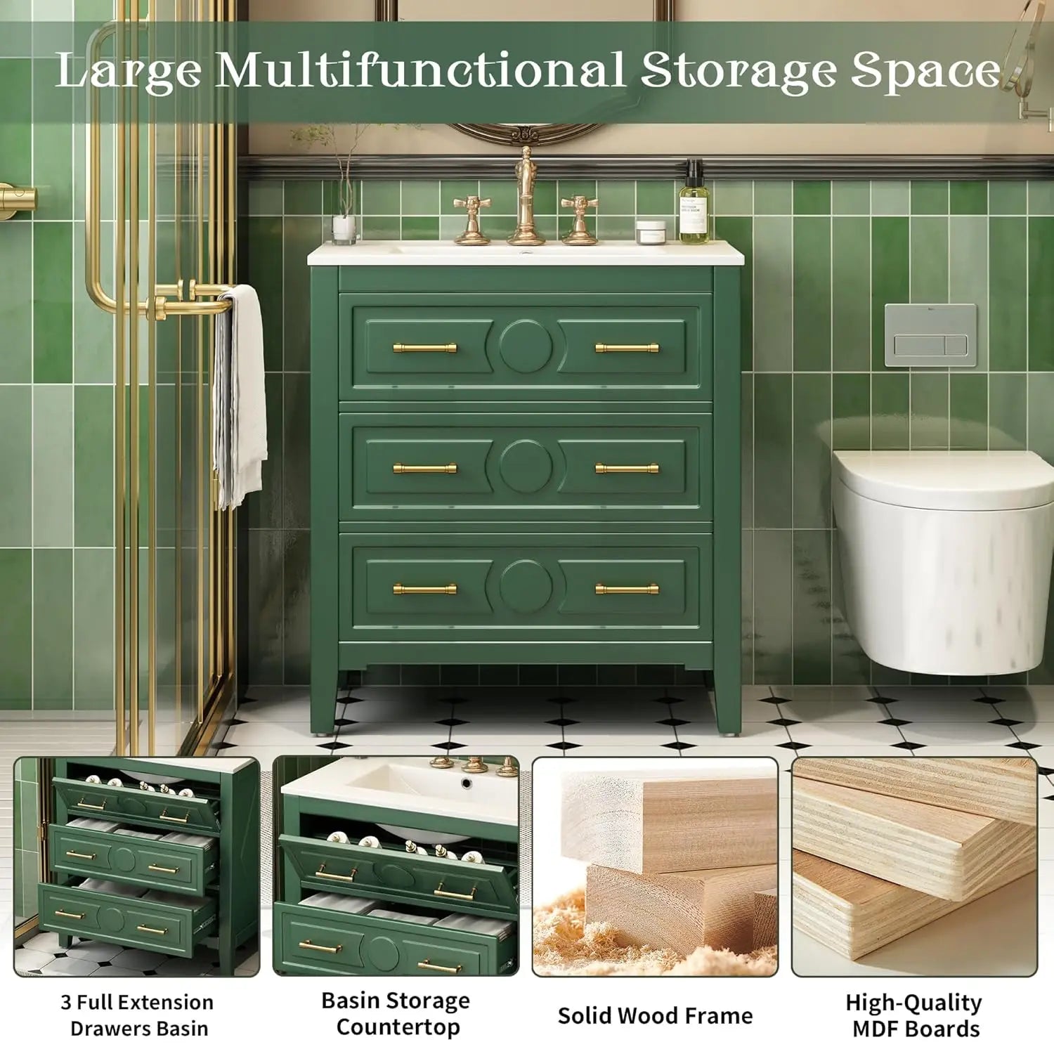 30in Solid Wood Bathroom Vanity Ceramic Sink Storage Cabinet