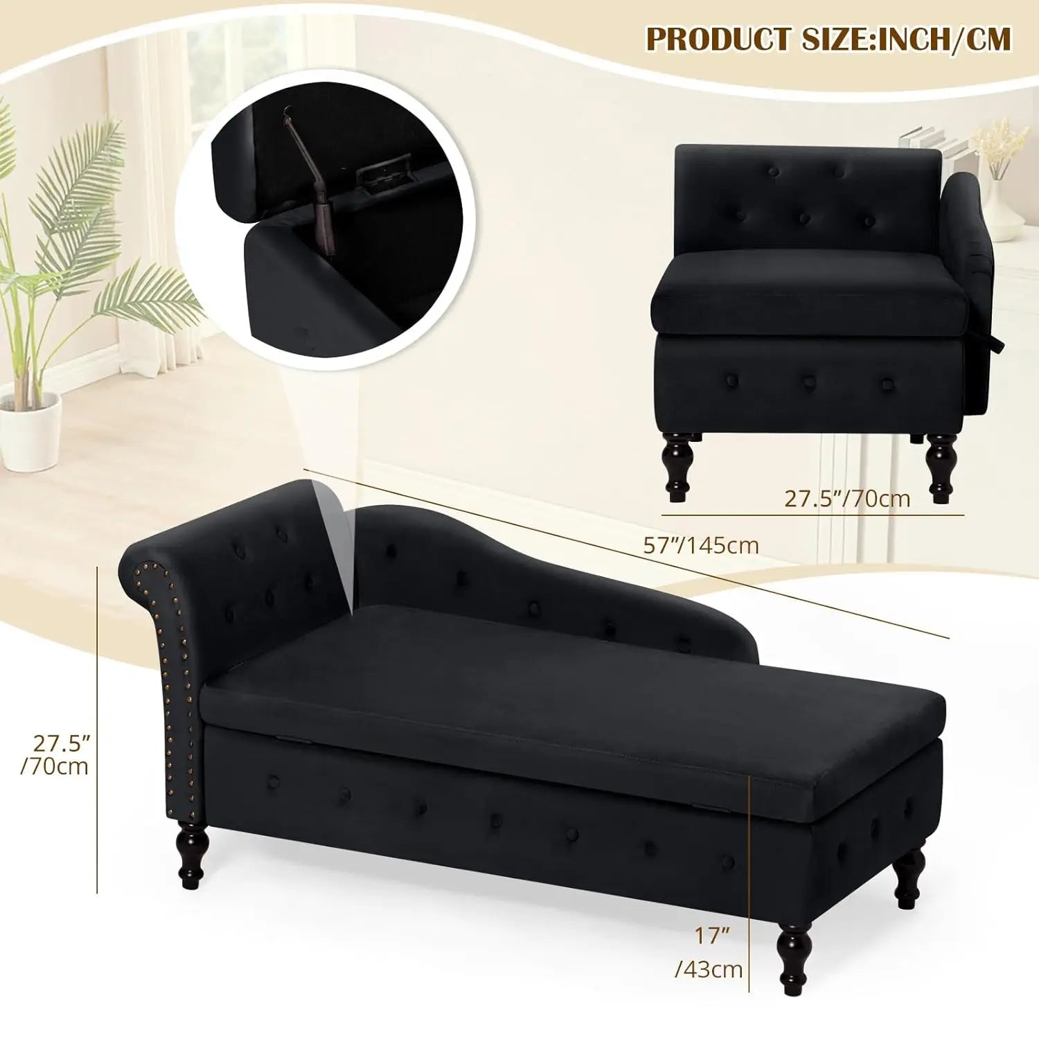 Velvet Chaise Lounge with Left Armrest & Storage Space