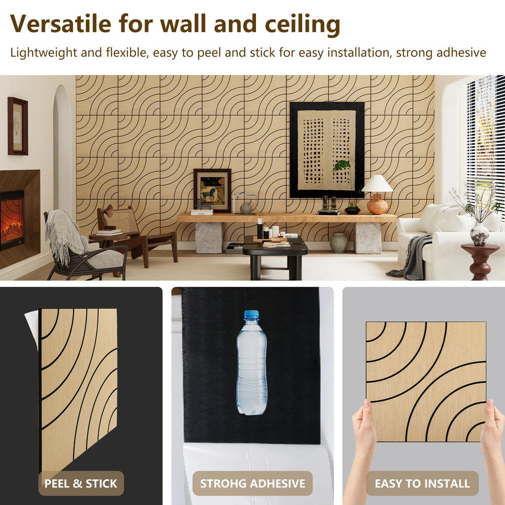 Acoustic Sound Absorbing 3D Wood Slat Self-Adhesive Peel and Stick Wall Panels Set of 4 for Interior Noise Reduction