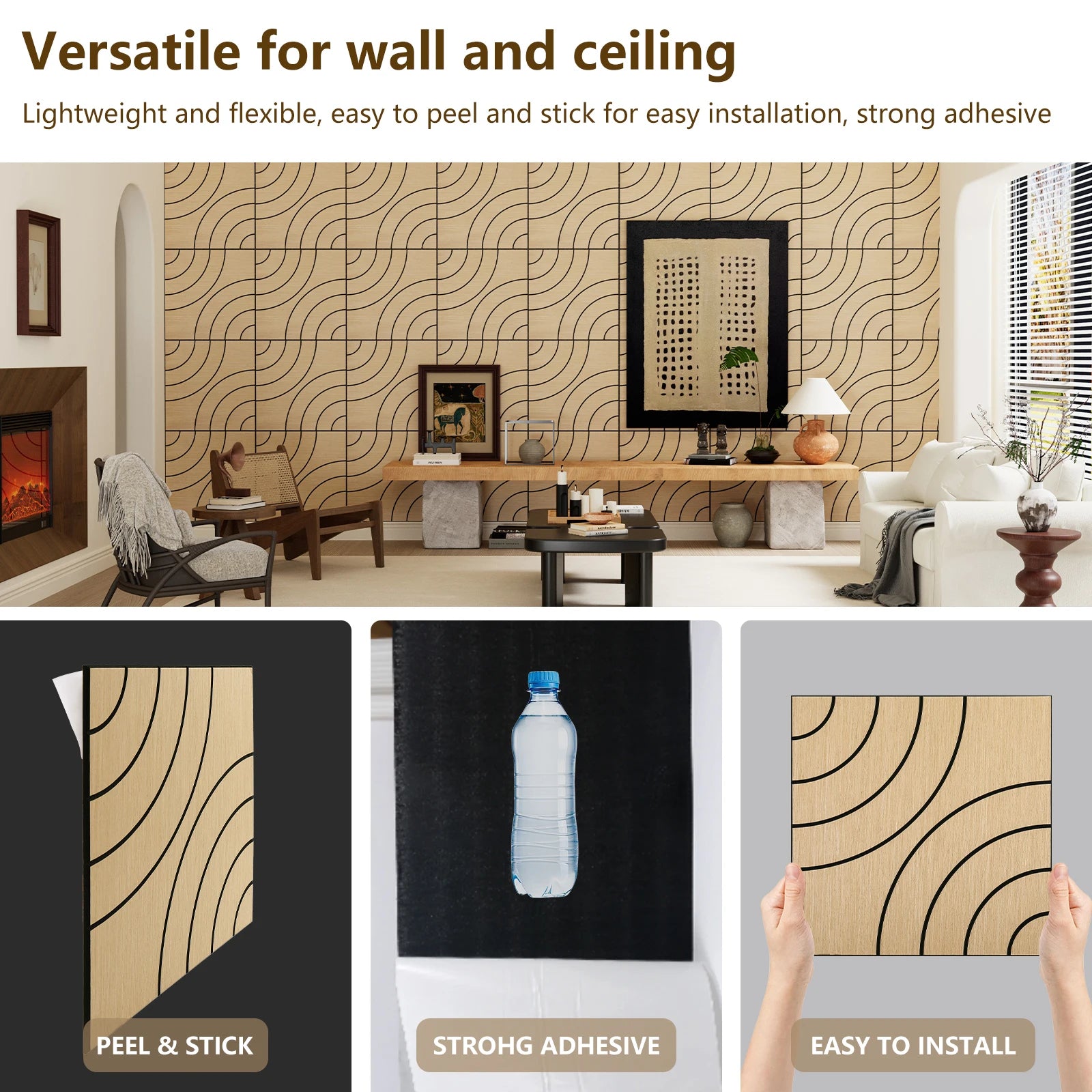 Acoustic Sound Absorbing 3D Wood Slat Self-Adhesive Peel and Stick Wall Panels Set of 4 for Interior Noise Reduction