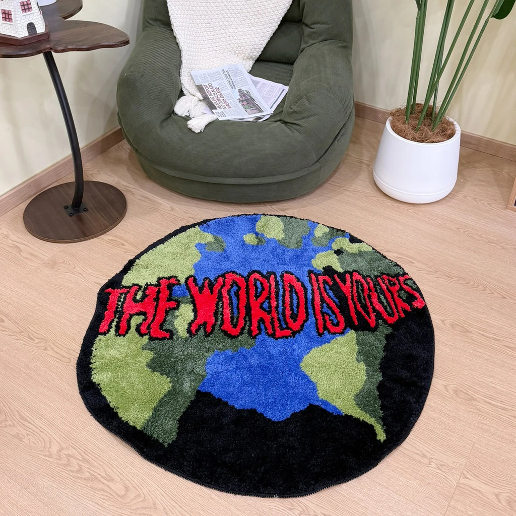 Trendy 'The World Is Yours' Globe Tufted Rug Round Fluffy Shaggy Carpet Black Blue Green Red Non-Slip Absorbent Bath Mat Living