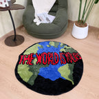 Trendy 'The World Is Yours' Globe Tufted Rug Round Fluffy Shaggy Carpet Black Blue Green Red Non-Slip Absorbent Bath Mat Living