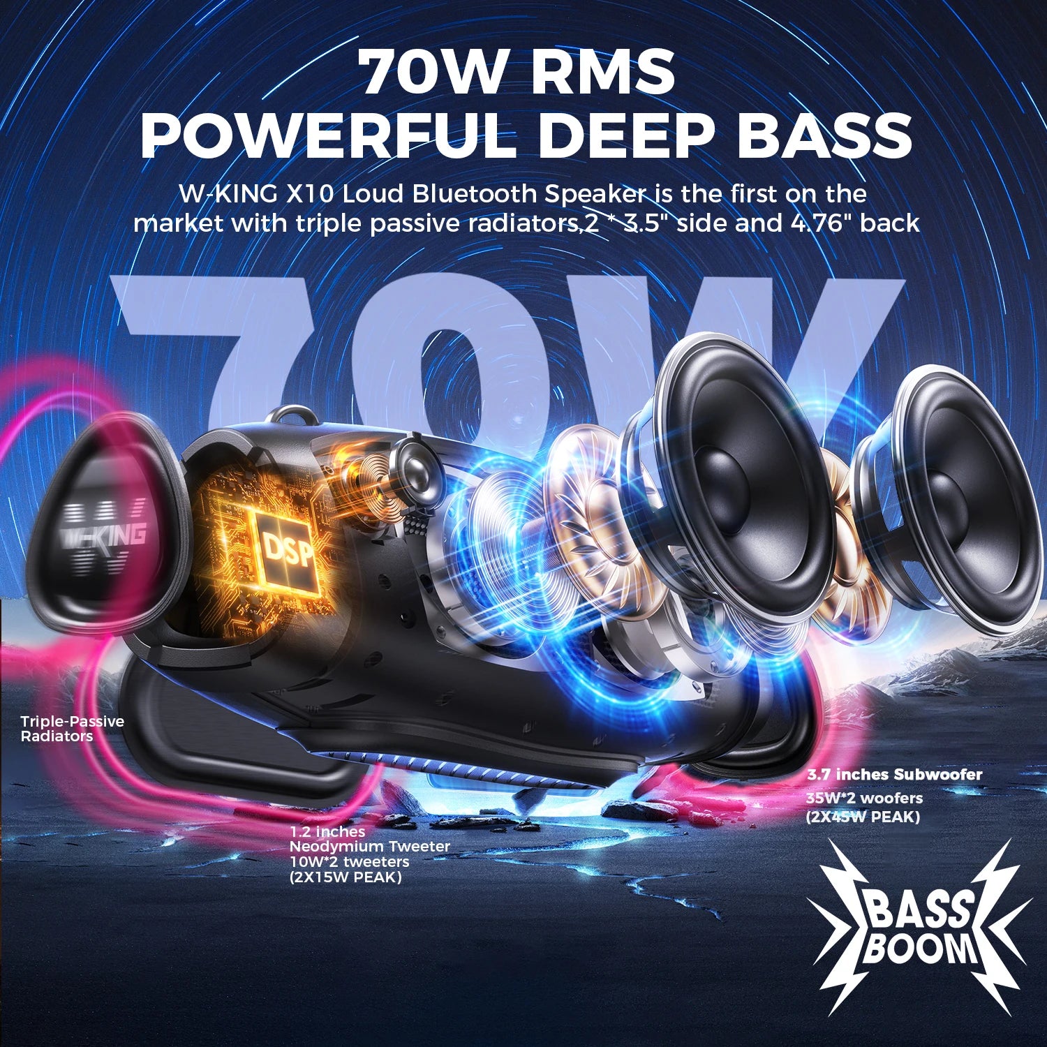 70W Portable Loud Bluetooth Speakers with Wireless Microphone,
