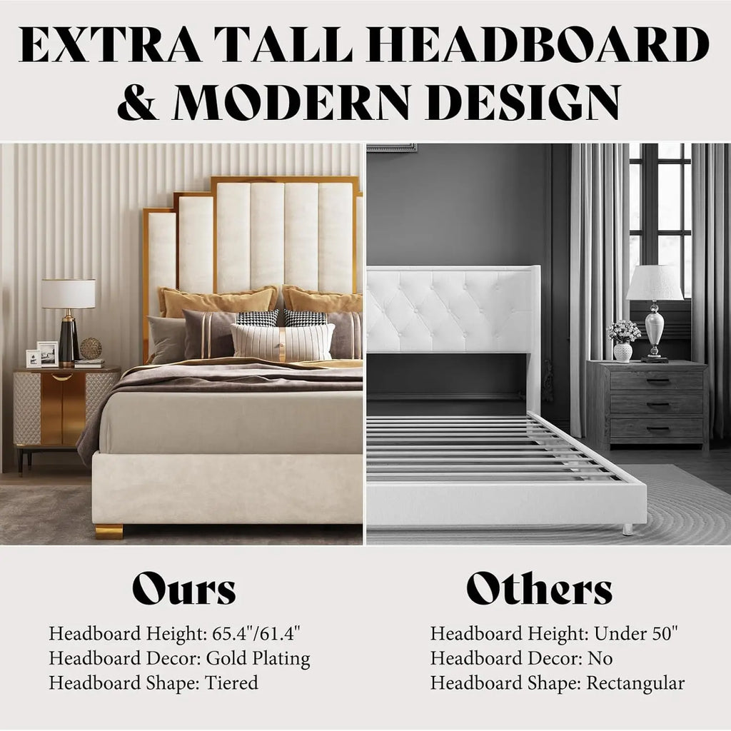 Queen Upholstered Velvet Platform Bed with Gold Trim Headboard