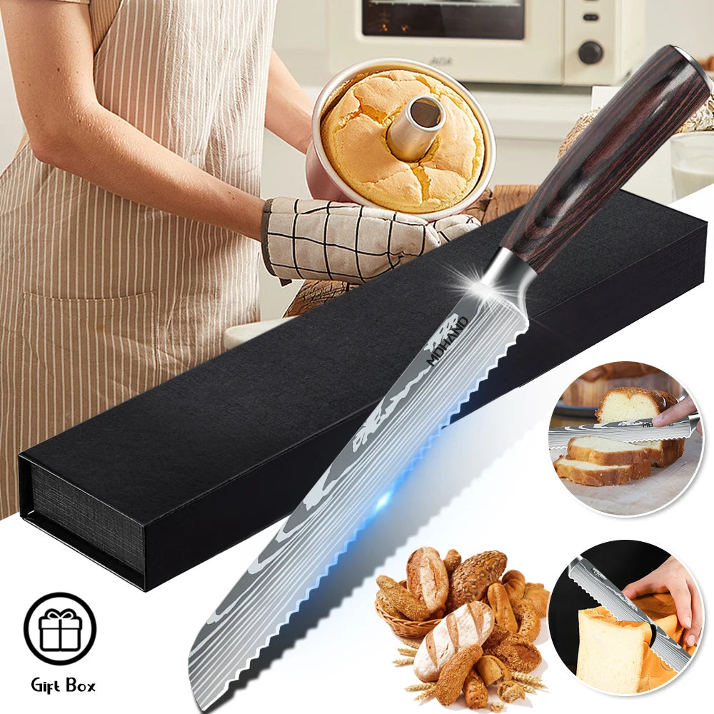 Bread Knife Serrated Design Laser Damascus Wood Handle Slicing Chef Knive