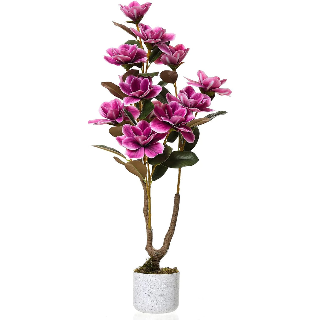 37" Artificial Magnolia Tree In White Planter, 3.1FT Pink Fake Flower Plant Faux Potted Floral Decor For Home Office Room