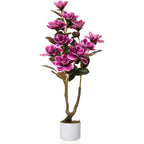 37" Artificial Magnolia Tree In White Planter, 3.1FT Pink Fake Flower Plant Faux Potted Floral Decor For Home Office Room