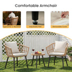 3 Pieces Wicker Patio Outdoor Set with Soft Cushion and Glass Steel Frame Table Manual Weaving Patio Chairs For Garden Lawn