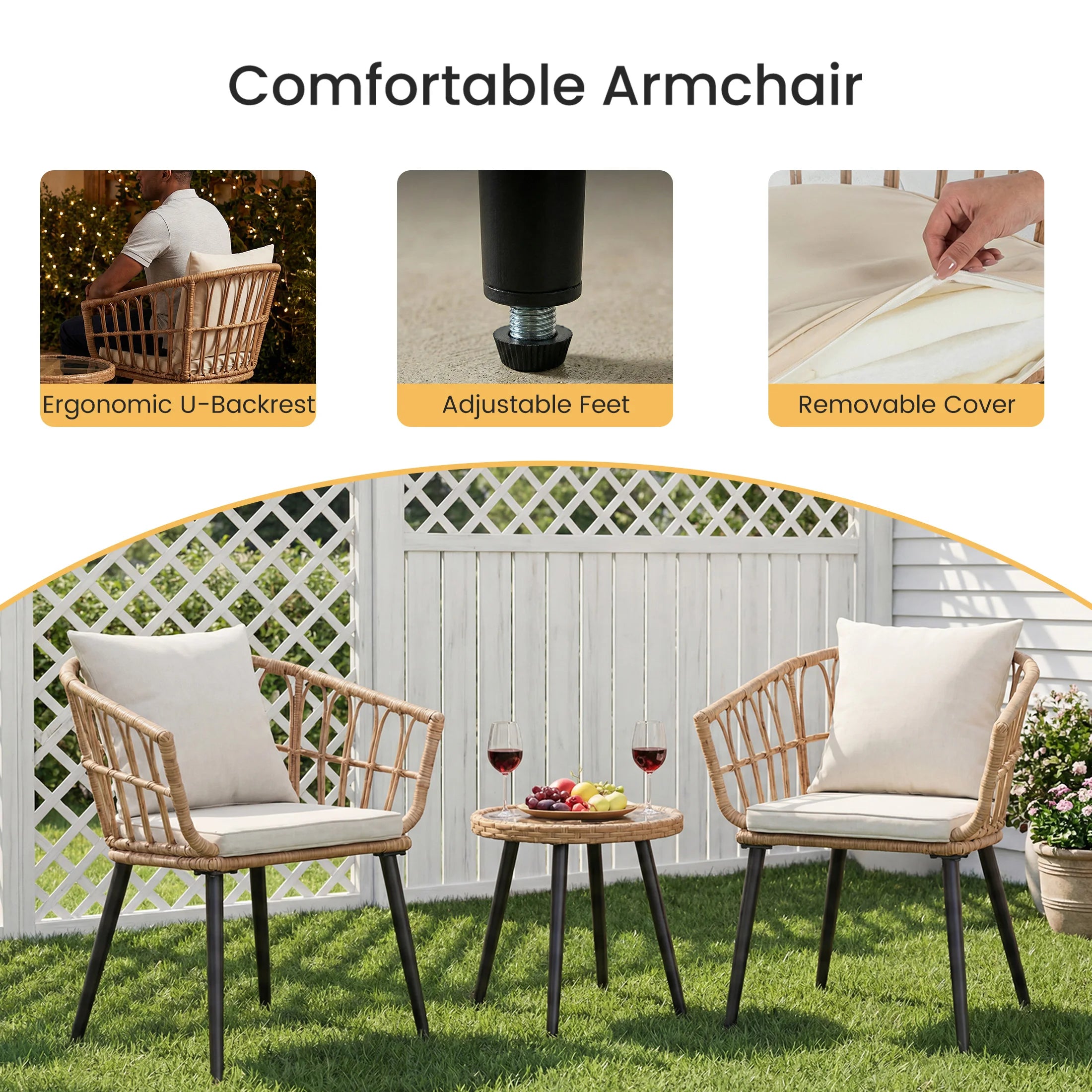 3 Pieces Wicker Patio Outdoor Set with Soft Cushion and Glass Steel Frame Table Manual Weaving Patio Chairs For Garden Lawn