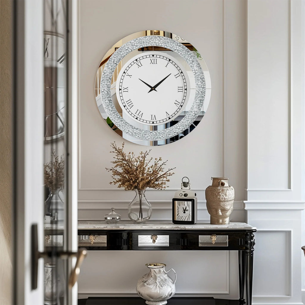 Silver,Tawny Tinted Round Mirror ,24inch Crush Diamond Large Mirrored Wall Clock