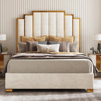 Queen Upholstered Velvet Platform Bed with Gold Trim Headboard