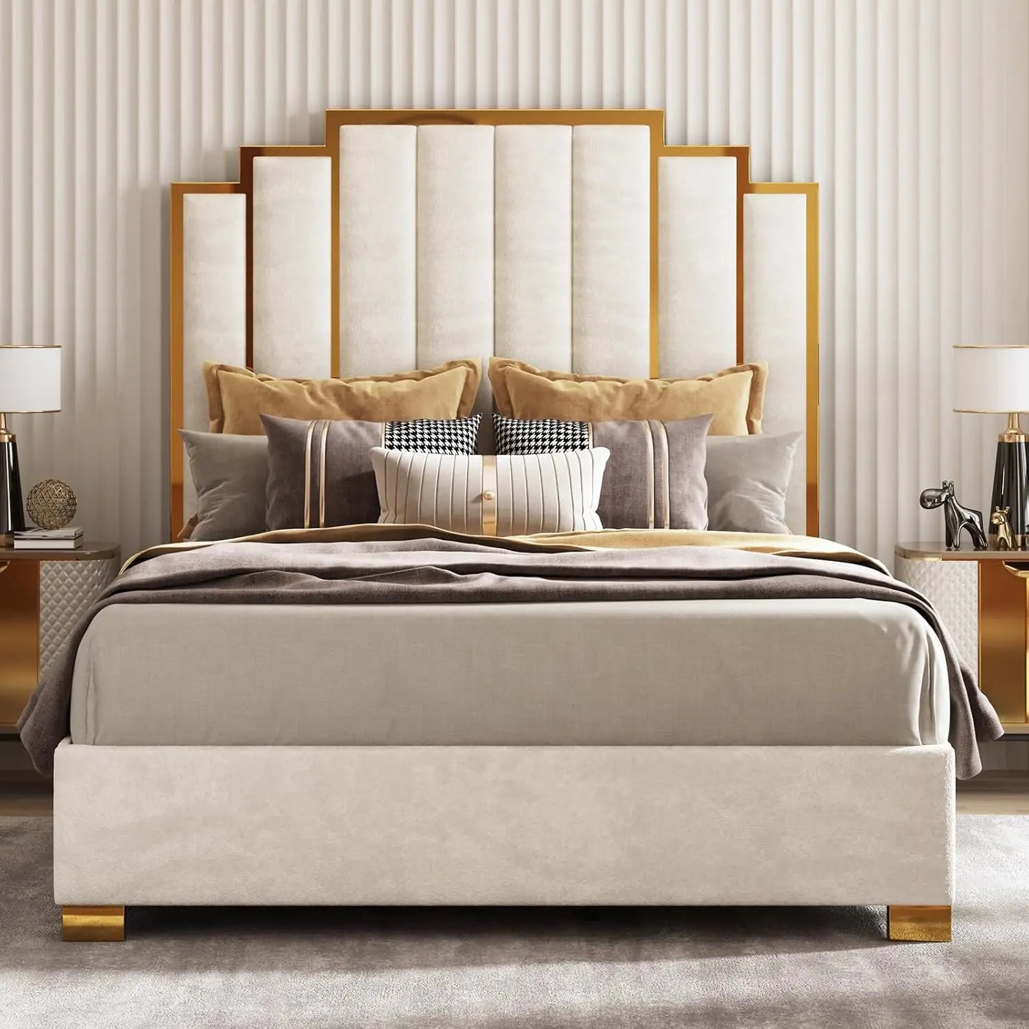 Queen Upholstered Velvet Platform Bed with Gold Trim Headboard