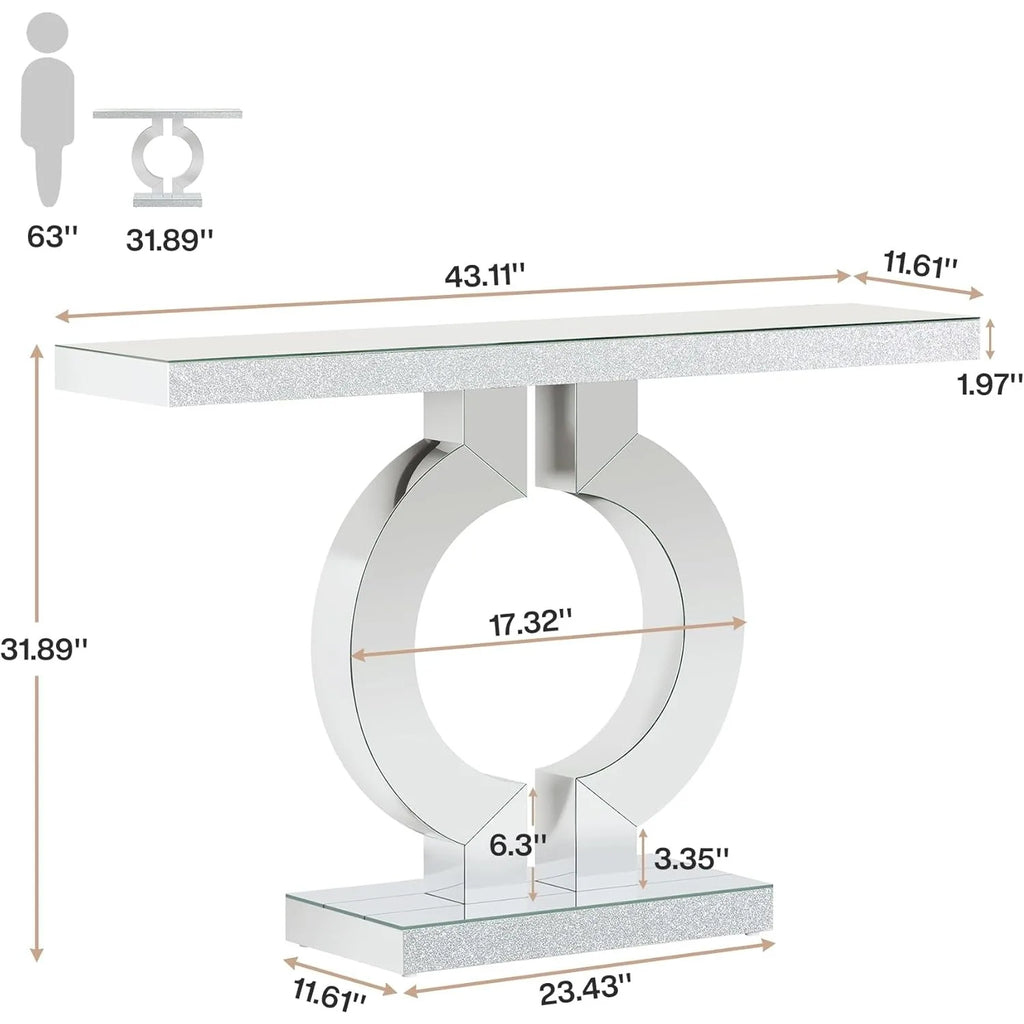 Mirrored Console Table with O-Shaped Base, Entryway Table Glass Sofa Table with Mirror Finish,