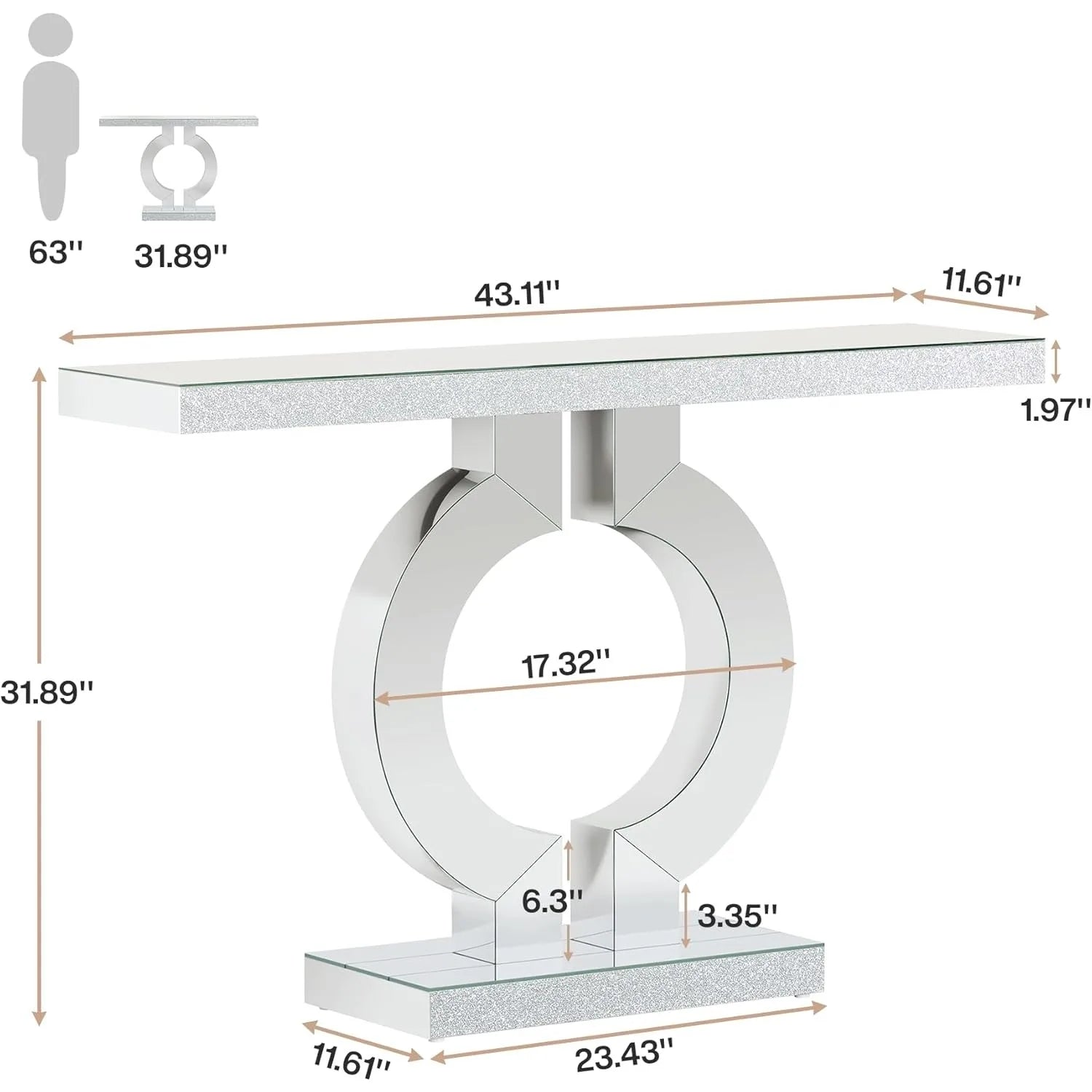 Mirrored Console Table with O-Shaped Base, Entryway Table Glass Sofa Table with Mirror Finish,