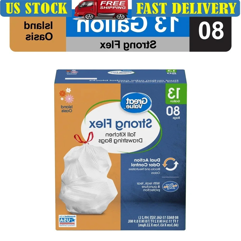 80 Count 13 Gallon Tall Kitchen Trash Bags Drawstring Leakproof