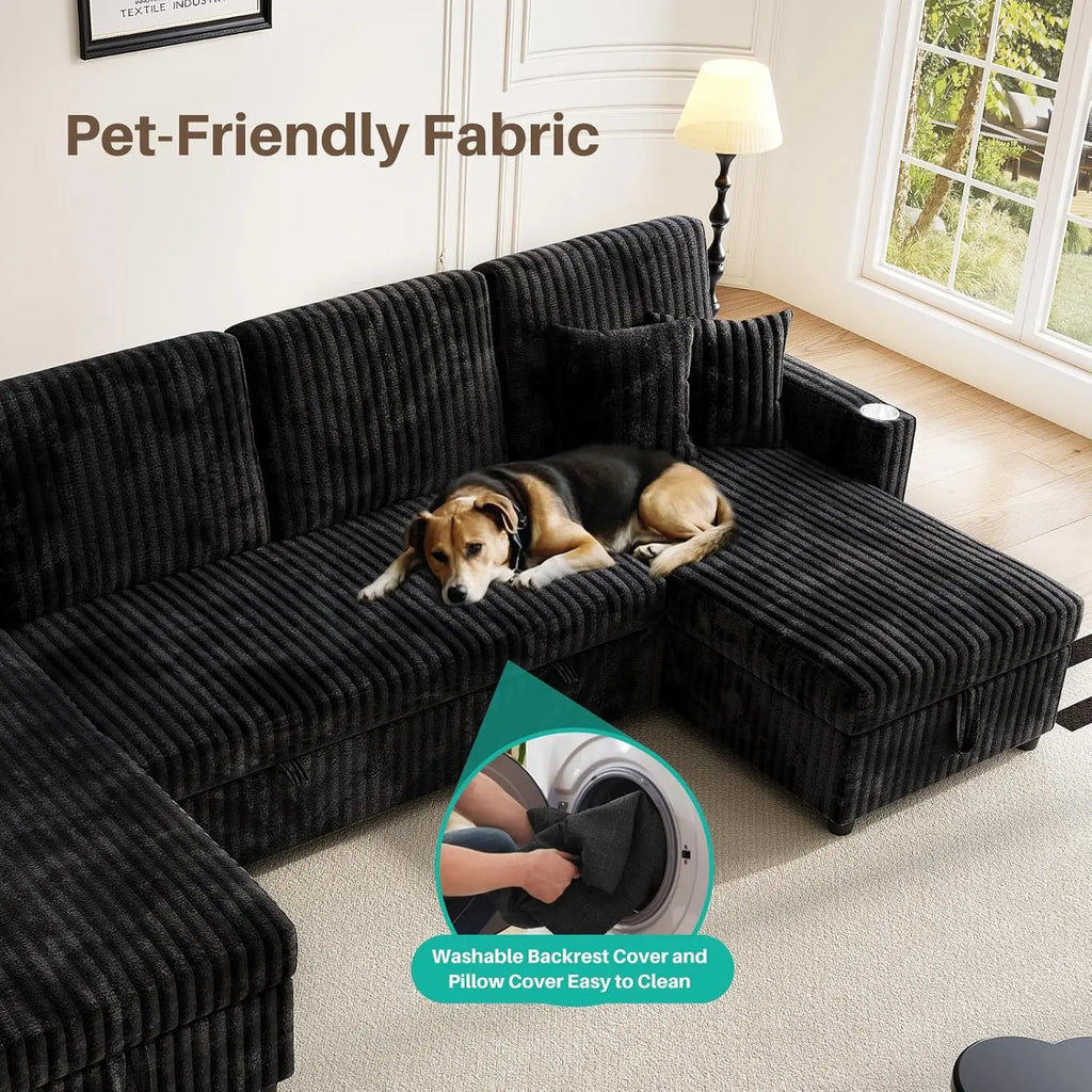 U Shaped Sleeper Sectional Sofa Pull Out Bed Double Storage Chaise USB Small Desktop Living Room 110in Black Customized