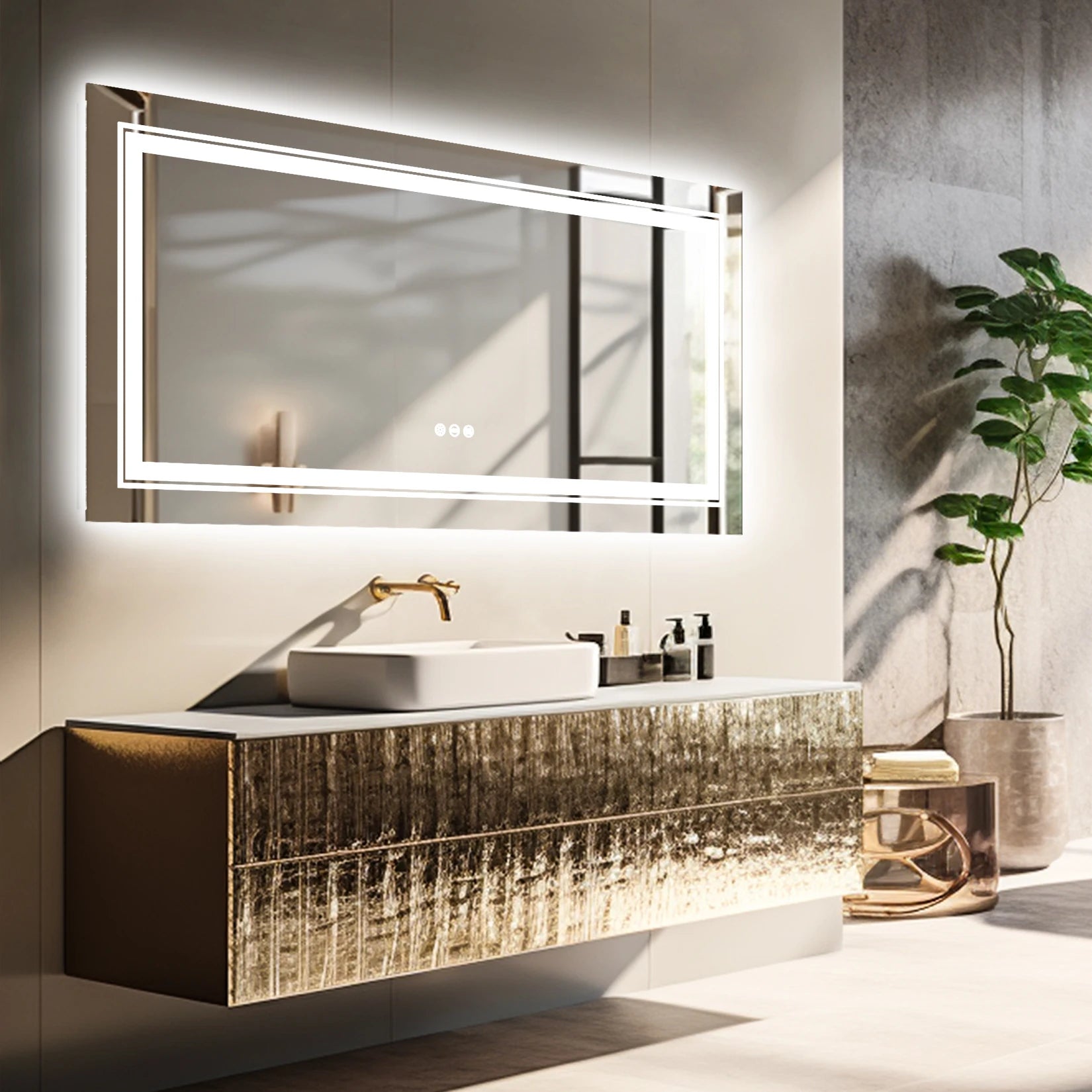 Extra Large Rectangle LED Vanity Dimmable Backlit Anti-Fog Memory with Front and Backlight Shatter-Proof