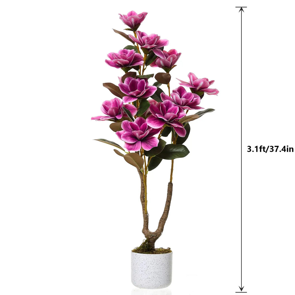 37" Artificial Magnolia Tree In White Planter, 3.1FT Pink Fake Flower Plant Faux Potted Floral Decor For Home Office Room