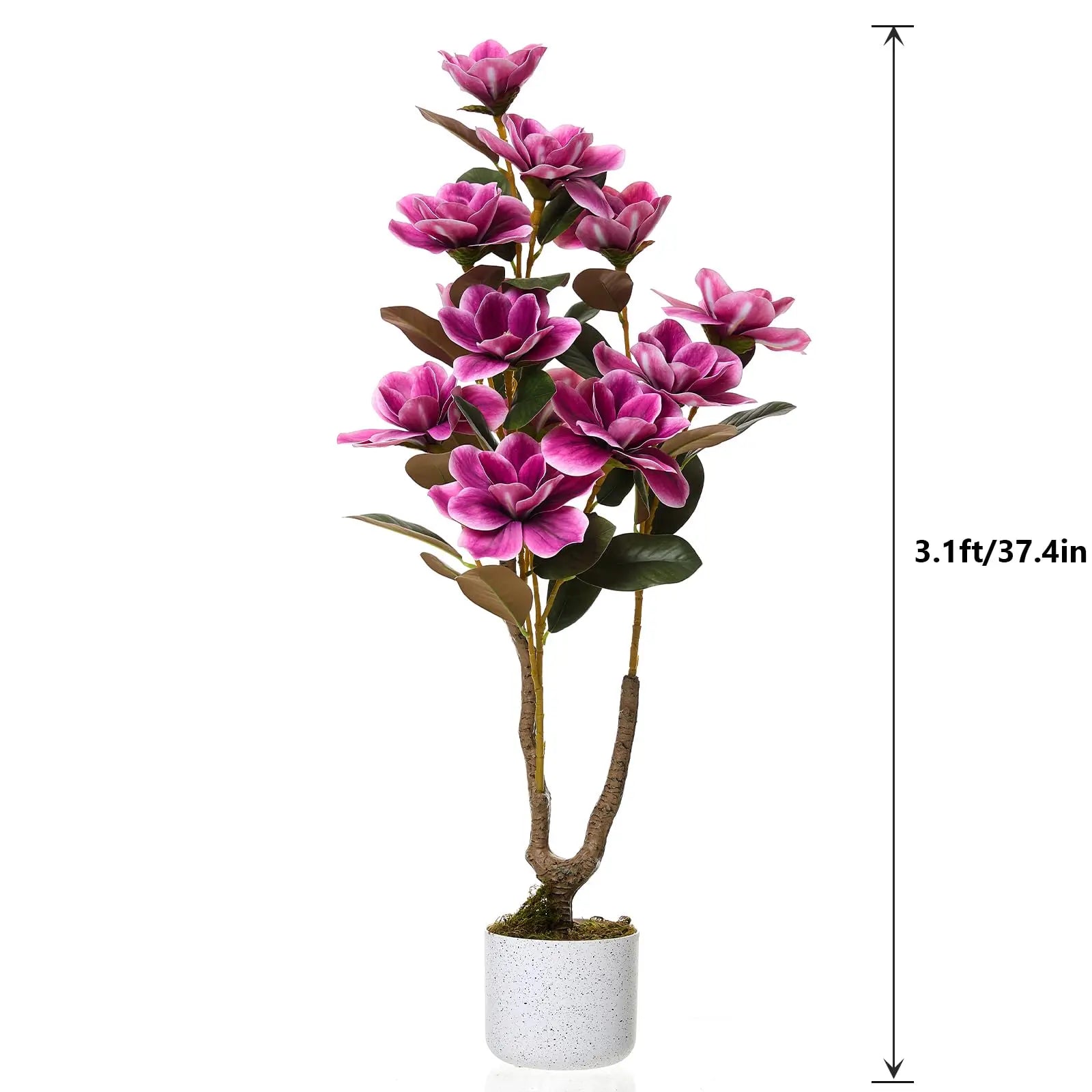 37" Artificial Magnolia Tree In White Planter, 3.1FT Pink Fake Flower Plant Faux Potted Floral Decor For Home Office Room