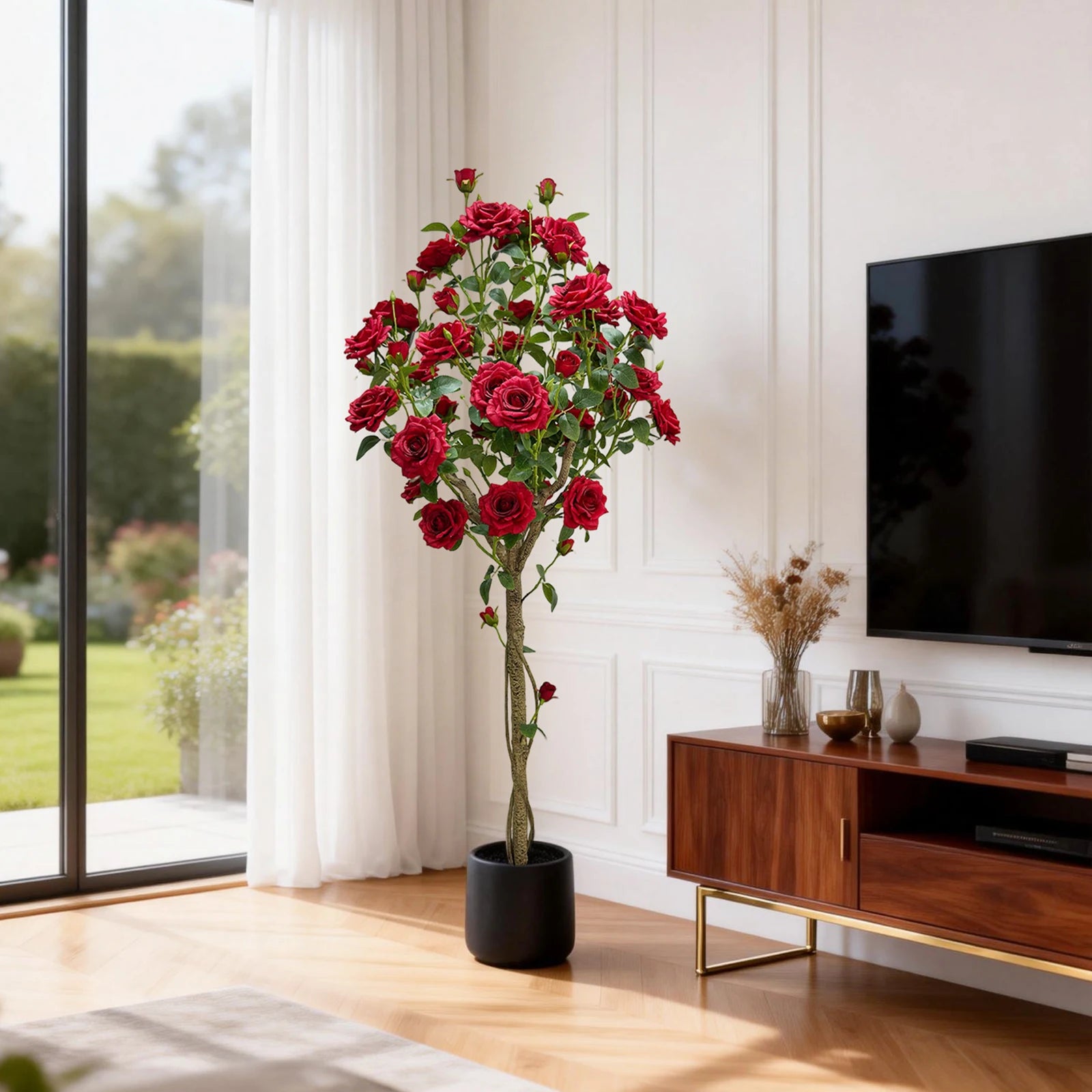 150cm Artificial Rose Tree, Realistic Silk Flower Plant with Plastic Trunk in Decorative Pot, for Indoor & Covered Outdoor Decor