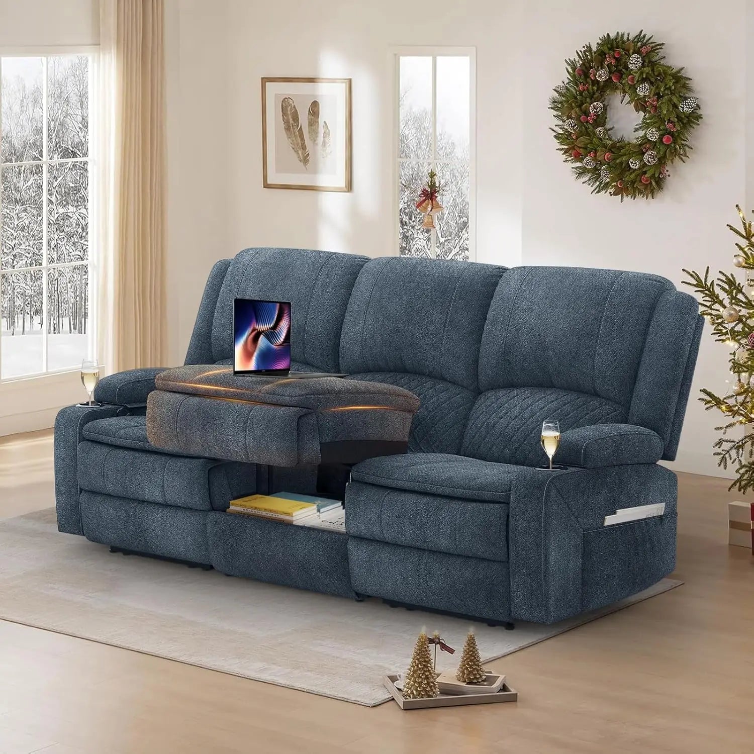 3 Seat Recliner Sofa with Console, Armrest, PU Leather, Cup Holders, USB Ports,