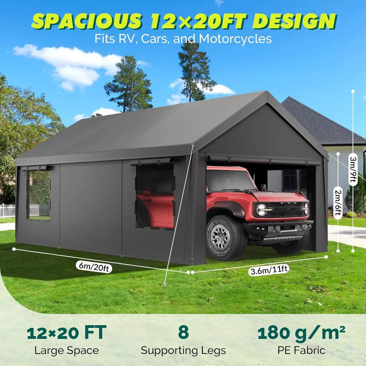 Durable 12x20ft Portable Garage with Galvanized Frame, Waterproof and UV Protection