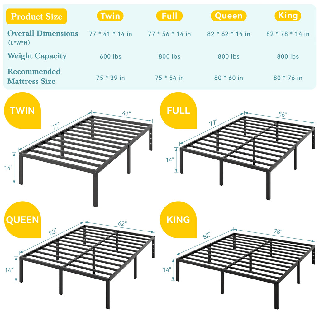 14"  Twin/Full/Quen/King Metal Platform Bed Frame with Storage Space, No Box Spring Needed,