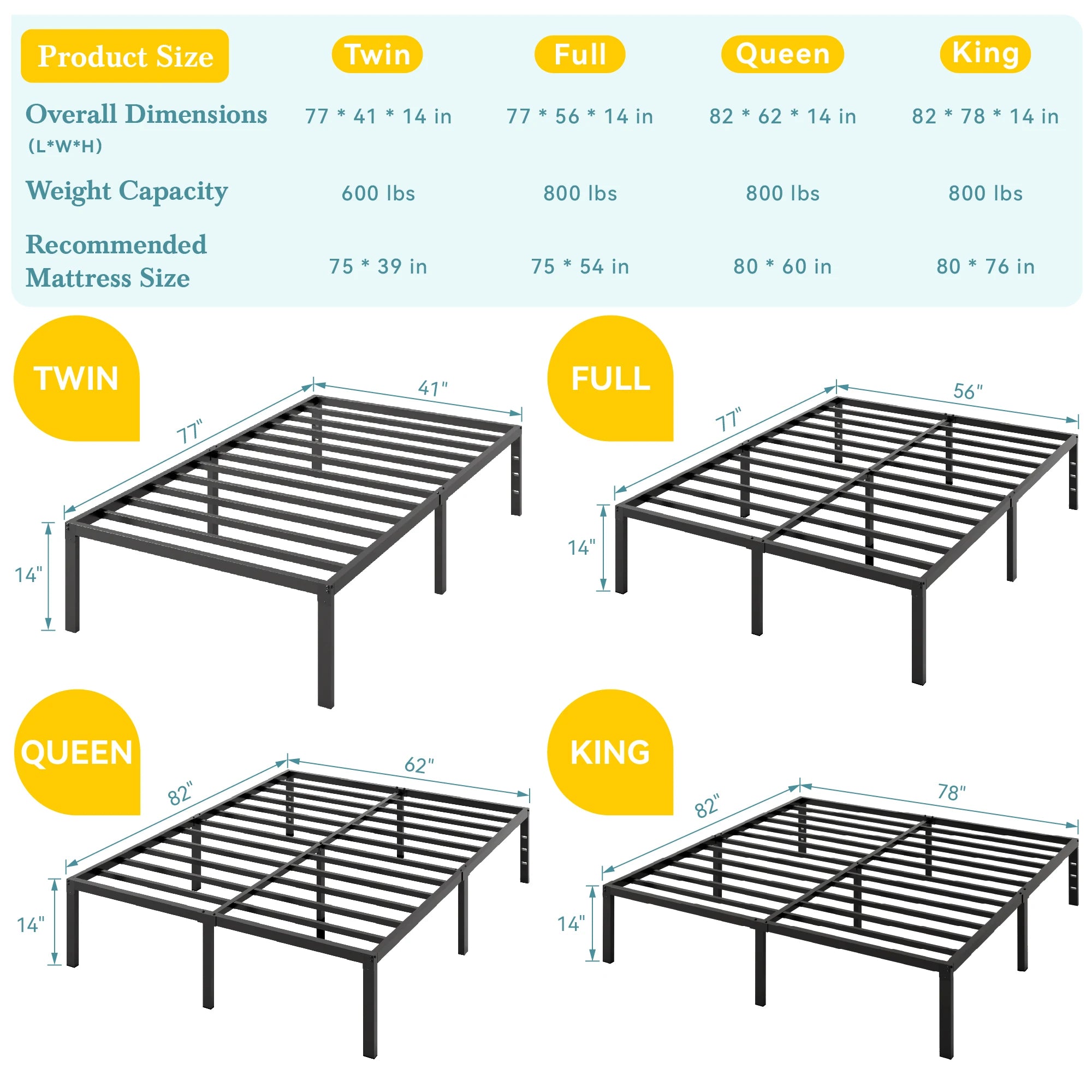 14"  Twin/Full/Quen/King Metal Platform Bed Frame with Storage Space, No Box Spring Needed,