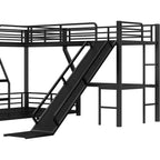 Black Metal Twin Over Full Bunk Bed with Loft, Desk, Ladder, USB Ports, Slide for Kids & Adults