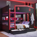 Full Wooden Gaming Bunk Bed with Desk Storage Shelves USB LED Light