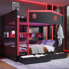 Full Wooden Gaming Bunk Bed with Desk Storage Shelves USB LED Light