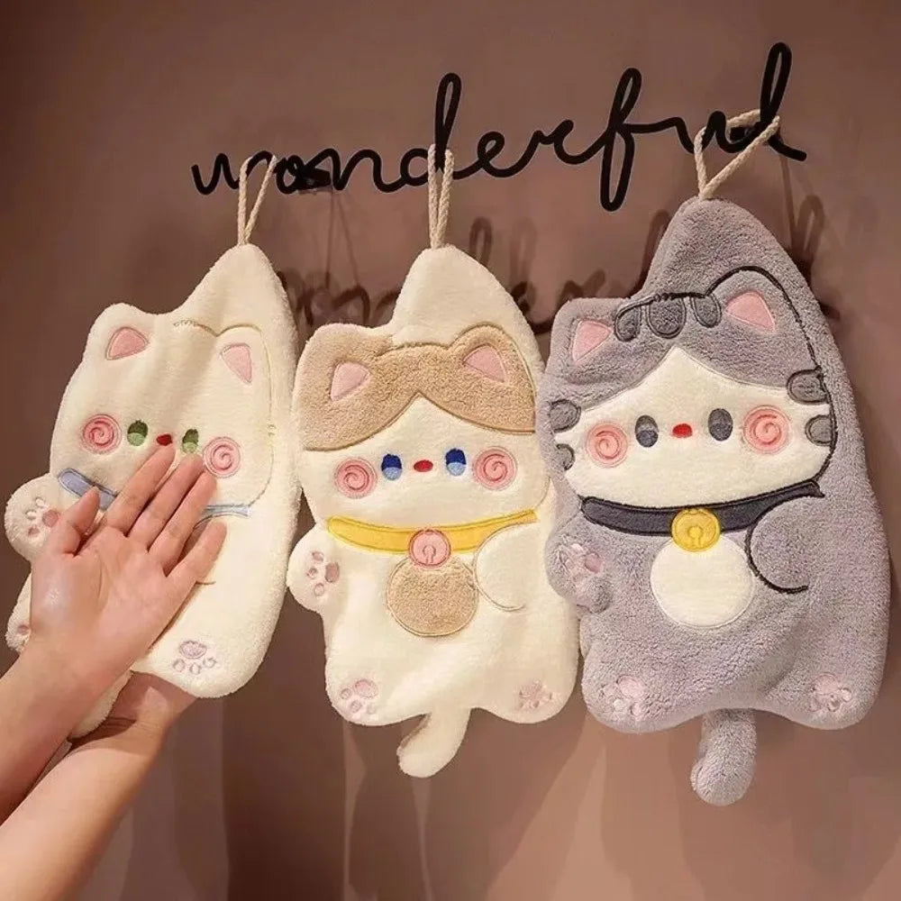 Cute Cat Hand Towel Quick Drying Kitchen Cleaning Rag Coral Velvet Cartoon Animal